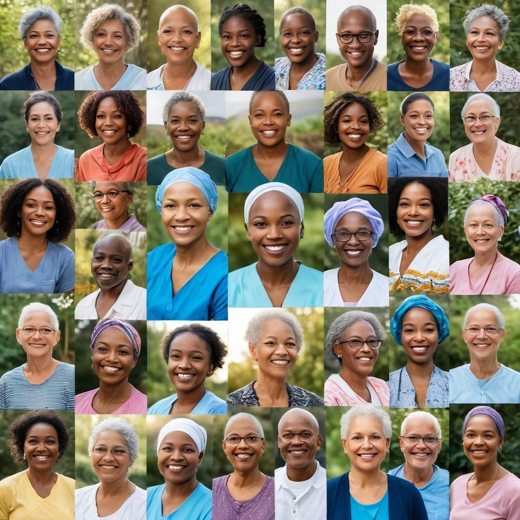 A collage of diverse cancer survivors, each sharing their unique story, set against a backdrop of healing environments like hospitals and nature. Include radiant smiles, symbolic elements like ribbons of hope, and an ethereal glow surrounding them. Emphasize warmth, resilience, and connection through visual storytelling. super-realistic. vibrant colors. inspirational.