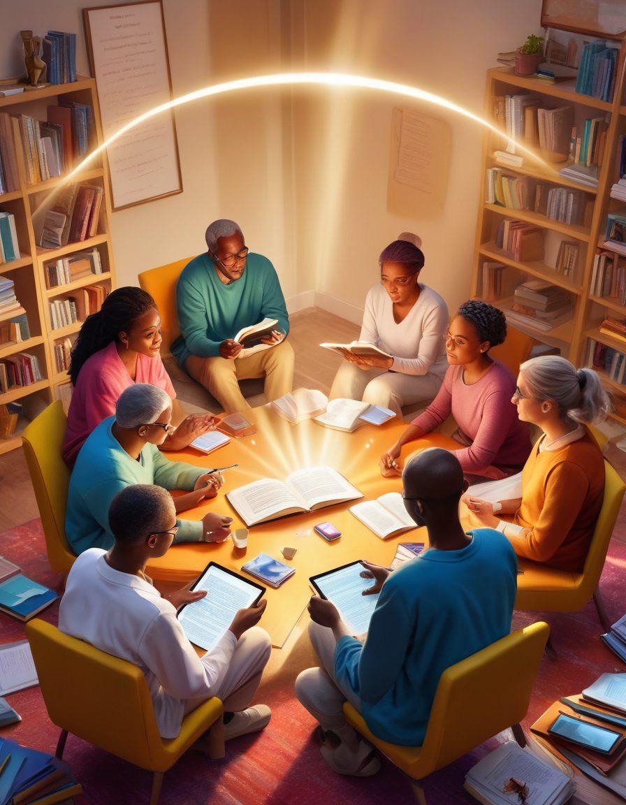 An inspiring scene showing a diverse group of patients and caregivers engaged in a collaborative discussion, surrounded by books and digital devices, symbolizing the sharing of knowledge. Bright, uplifting colors to convey hope and empowerment, with light rays illuminating the space. Include a large open book at the center, signifying essential tips and insights. super-realistic. vibrant colors.