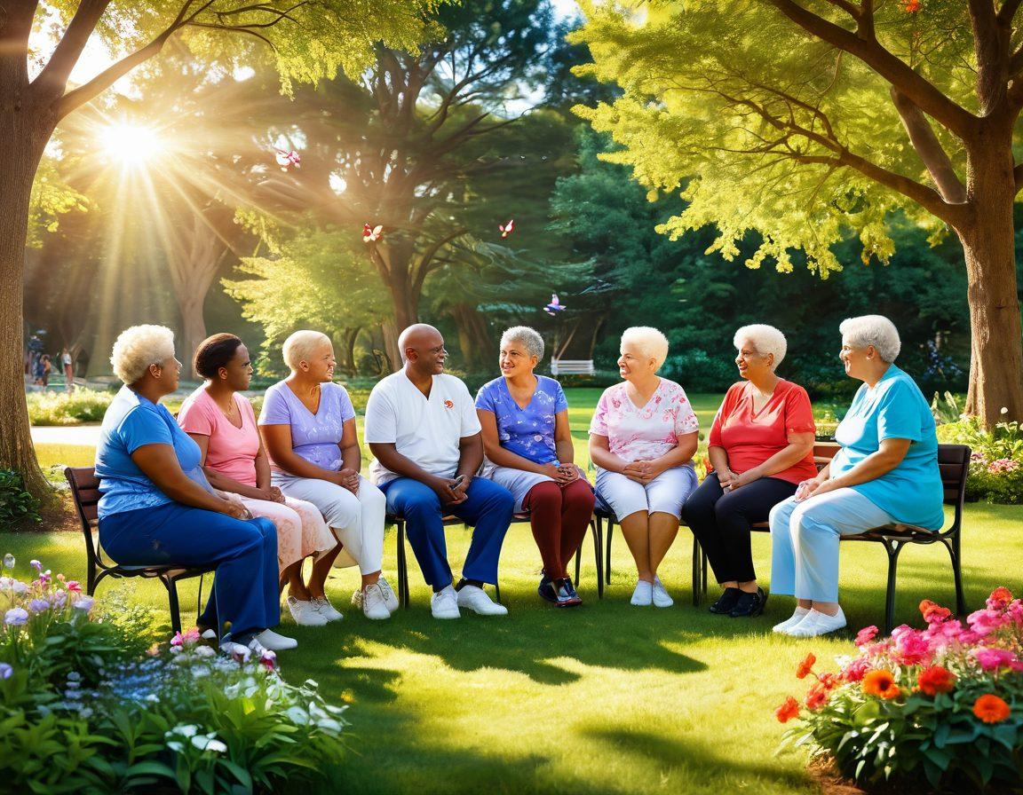 A warm, inviting scene showcasing a diverse group of cancer patients and caregivers connecting in a sunlit park, sharing stories and support. Include symbols of empowerment, like a rising sun and butterflies, that represent hope and transformation. The atmosphere should feel nurturing and uplifting, with vibrant greenery and gentle colorful flowers around them. super-realistic. vibrant colors. peaceful background.